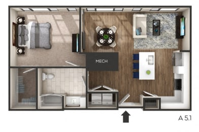 1 bed 1 bath 833 Sq. Ft. floor plan D at The Griffin Royal Oak, Michigan, 48067