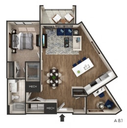 1 bed 1 bath 1,062 Sq. Ft. floor plan H at The Griffin Royal Oak, Royal Oak, Michigan