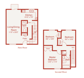 a floor plan of a living room and a bedroom at Shorebrooke Townhomes, Novi, 48375