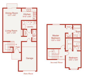 a floor plan of a living room and a bedroom at Shorebrooke Townhomes, Novi, 48375