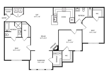 1515 Square-Feet 3 Bedrooms and 2 Bathrooms Floor Plans at Stone Gate Apartments, Spring Lake, NC