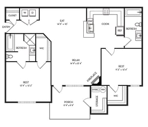1116 Square-Feet 2 Bedrooms B and 2 Bathrooms Floor Plans at Stone Gate Apartments, Spring Lake