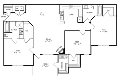 1349 Square-Feet 3 Bedrooms and 2 Bathrooms A Floor Plans at Stone Gate Apartments, North Carolina, 28390
