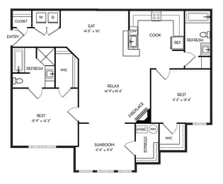 1241 Square-Feet 2 Bedrooms A and 2 Bathrooms Floor Plans at Stone Gate Apartments, North Carolina