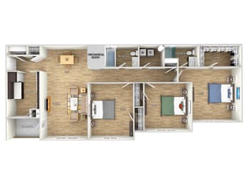 3-bedroom-2-bath Floor Plan at West Pointe Apartments, Burlington