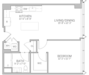 A floor plan of a home with a kitchen, living/dining area, bedroom, bathroom, and a workspace.