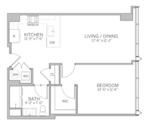 A floor plan of a small apartment with a kitchen, living room, bedroom, and bathroom.