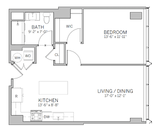 A floor plan of a small apartment with a living room, kitchen, bedroom, and bathroom.