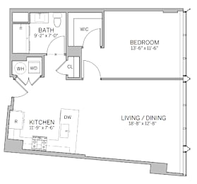 A floor plan of a small apartment with a living room, kitchen, bedroom, and bathroom.