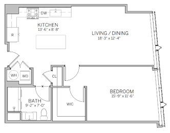 A floor plan of a house with a kitchen, living/dining area, bedroom, and bathroom.