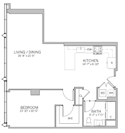A floor plan of a house with a living/dining area, kitchen, bedroom, and bathroom.