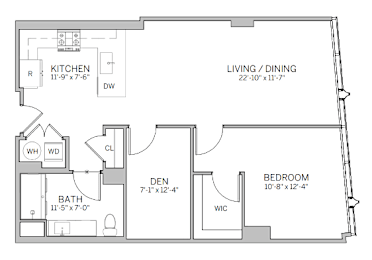 A floor plan of a house with a kitchen, living/dining area, bedroom, bathroom, den, and a workspace.