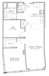A floor plan of a house with a living room, dining room, two bathrooms, a den, and two bedrooms.