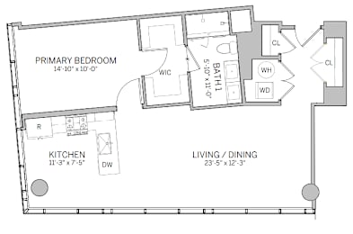 A floor plan of a living space with a kitchen, primary bedroom, and living/dining area.