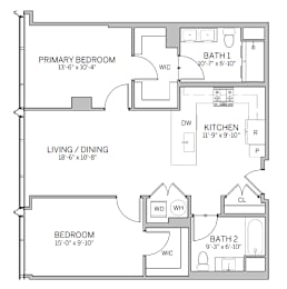 A floor plan of a home with a primary bedroom, living/dining area, kitchen, and two bathrooms.