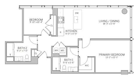 A floor plan of a small apartment with a living room, two bedrooms, and two bathrooms.
