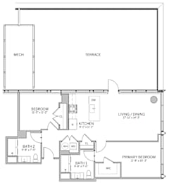 A floor plan of a house with a living/dining area, kitchen, and three bedrooms.