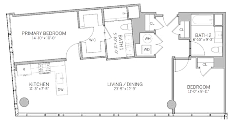 A floor plan of a home with a living room, two bedrooms, a kitchen, and a bathroom.