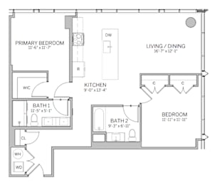A floor plan of a small apartment with a kitchen, two bathrooms, and two bedrooms.