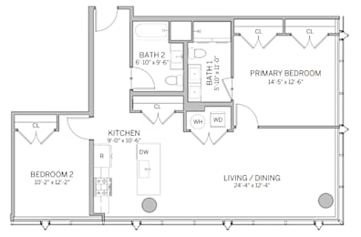 A floor plan of a home with a living room, dining room, kitchen, and two bedrooms.