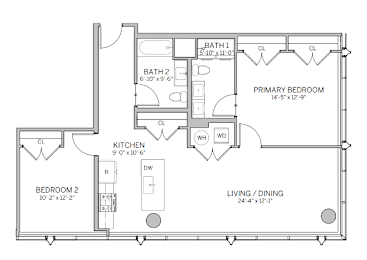 A floor plan of a small apartment with two bedrooms, a kitchen, and a living/dining area.