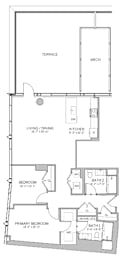 A floor plan of a house with a living room, dining room, kitchen, and two bedrooms.