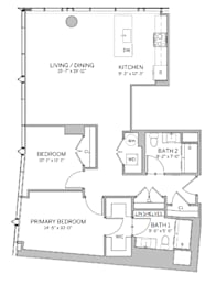 A floor plan of a house with a living/dining area, kitchen, two bedrooms, and bathrooms.