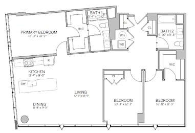 A floor plan of a house with a primary bedroom, two bathrooms, a kitchen, a dining area, a living room, and two bedrooms.