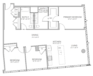 A floor plan of a house with a living room, two bedrooms, a dining room, a kitchen, and two bathrooms.
