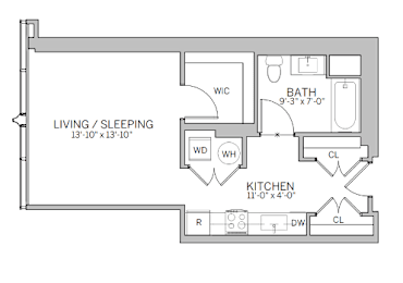 A floor plan of a living and sleeping area with a kitchen.