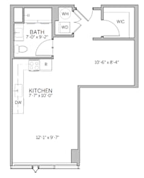A floor plan of a kitchen and bathroom layout.