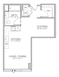A floor plan of a small apartment with a sleeping area, kitchen, and bathroom.