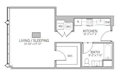 A floor plan of a small apartment with a living/sleeping area, kitchen, and bathroom.