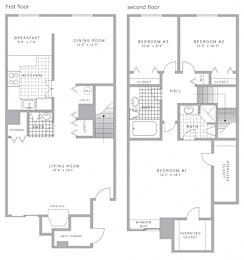 A floor plan of a two-story apartment with dimensions and room names.