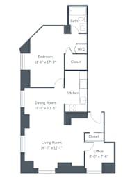 A floor plan of a house with a living room, dining room, kitchen, bedroom, and bathroom.
