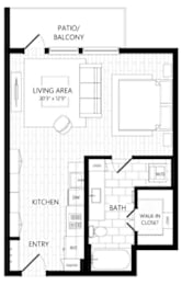 A black and white image of a house floor plan with a living area, kitchen, bathroom, and entry.