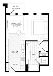 A black and white image of a floor plan for a house with a living area, kitchen, bathroom, and closet at AVE Paradise Valley, Phoenix, 85032