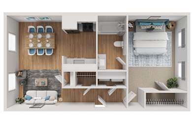 A modern apartment layout with a kitchen, living room, and bedroom