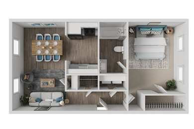 A modern, minimalist bedroom with a white and wood color scheme.