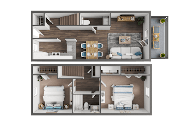 A top-down view of a two-bedroom apartment layout.