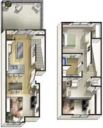 A floor plan of a two-story apartment with a living room, kitchen, bedrooms, and bathrooms.