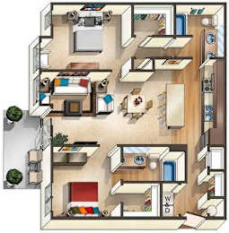 A floor plan of a two-story apartment with a living room, kitchen, and bedrooms.