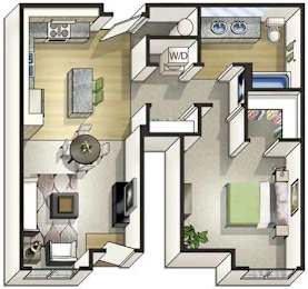A floor plan of a house with a kitchen, living room, and bathroom.