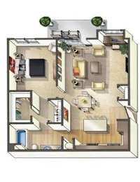 A floor plan of an apartment with a kitchen, living room, and two bedrooms.