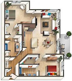 A floor plan of a house with a kitchen, living room, and bathrooms.