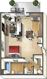 A floor plan of a house with a kitchen, living room, dining room, and two bedrooms.