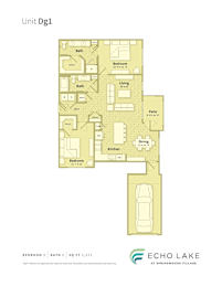 A floor plan of a unit with a bedroom, bathroom, living room, dining room, kitchen, and patio.