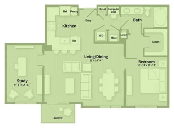Unit C 1 Bedroom Apartment floor plan
