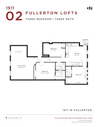 A floor plan for a property at 1511 W Fullerton shows a living room, three bedrooms, a kitchen, and three bathrooms.