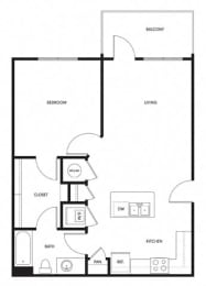 a schematic diagram of theoblue floor plan of a 1 bedroom apartment
